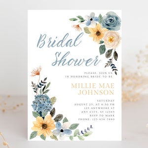 Blue And Yellow Floral Bridal Shower Invitation, Instant Download  Digital Instant Template | Bridal Shower Invitation | Editable Template