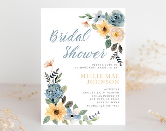 Blue And Yellow Floral Bridal Shower Invitation, Instant Download  Digital Instant Template | Bridal Shower Invitation | Editable Template