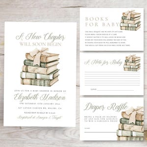 New Chapter Baby Shower Invitation Set - Editable Template -  Sage Green - Diaper Raffle -  Bookstack - Books for Baby - Templett - ncn2