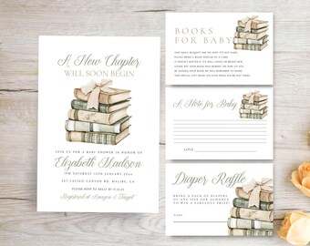 New Chapter Baby Shower Invitation Set - Editable Template -  Sage Green - Diaper Raffle -  Bookstack - Books for Baby - Templett - ncn2