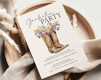Cowgirl Graduation Invitation,  Western Grad Party Template, Editable Invite, Instant Download, 2025 Graduation, Wildflowers, Templett, cgp