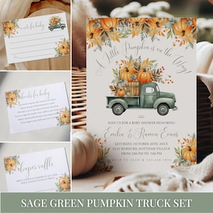Baby Shower Invitation Set Sage Green Truck, Fall Baby Shower Invite, Note for Baby, Books for Baby, Diaper Raffle Ticket, Autumn Pumpkins