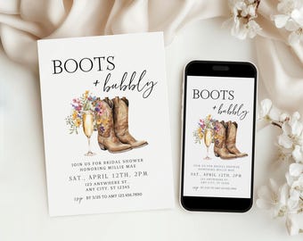 Boots and Bubbly Bridal Shower Invite & Text Invite | Western Fall Bridal Brunch | Editable Cowgirl Template with Wildflowers, Canva