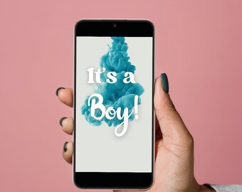 May include: A smartphone displaying a blue ink cloud with the text "It's a Boy!" on a white background.