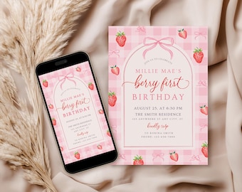 Könnte beinhalten: Eine rosa Geburtstagseinladung mit Erdbeermotiv. Die Einladung zeigt ein Vichy-Muster, Erdbeeren und den Text "Millie Mae's berry first birthday". Ein Smartphone zeigt das gleiche Design.