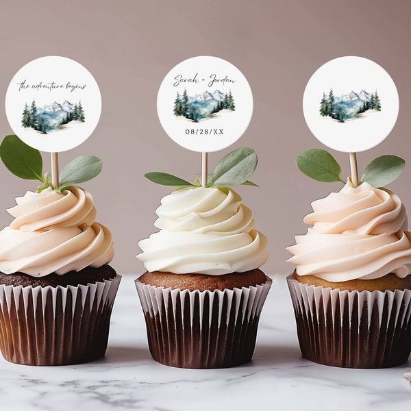 Adventure Bridal Shower Cupcake Toppers, Traveling From Miss To Mrs. Topper, Travel Cupcake Toppers | Mountain Themed Party Decor, Canva
