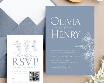 Dusty Blue Editable Wedding Invitation Suite - QR Code RSVP - Personalize Your Invite - Printable Invitation - Edit in Templett - dbw