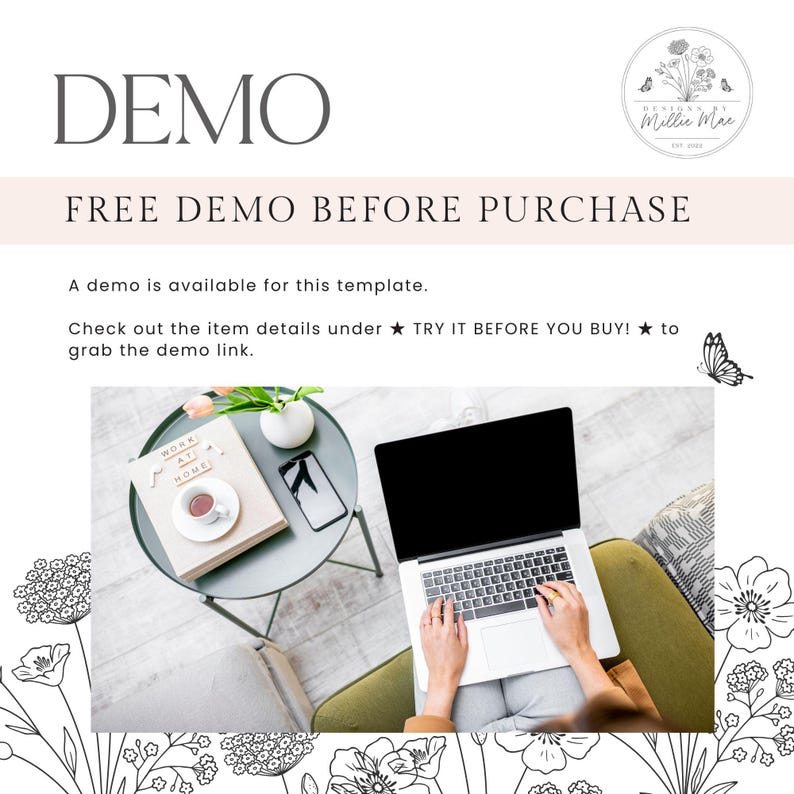 May include: A digital template advertisement featuring the text DEMO and FREE DEMO BEFORE PURCHASE. It includes a circular logo with floral line art, instructions to try before buying, and a photograph of a laptop on a lap with a side table.