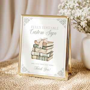 New Chapter Baby Shower Custom Sign, Neutral Sage Green Bookstack with Gingham Bow - ncn2