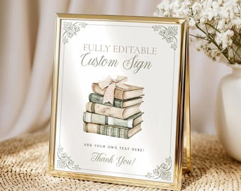 New Chapter Baby Shower Custom Sign, Neutral Sage Green Bookstack with Gingham Bow - ncn2