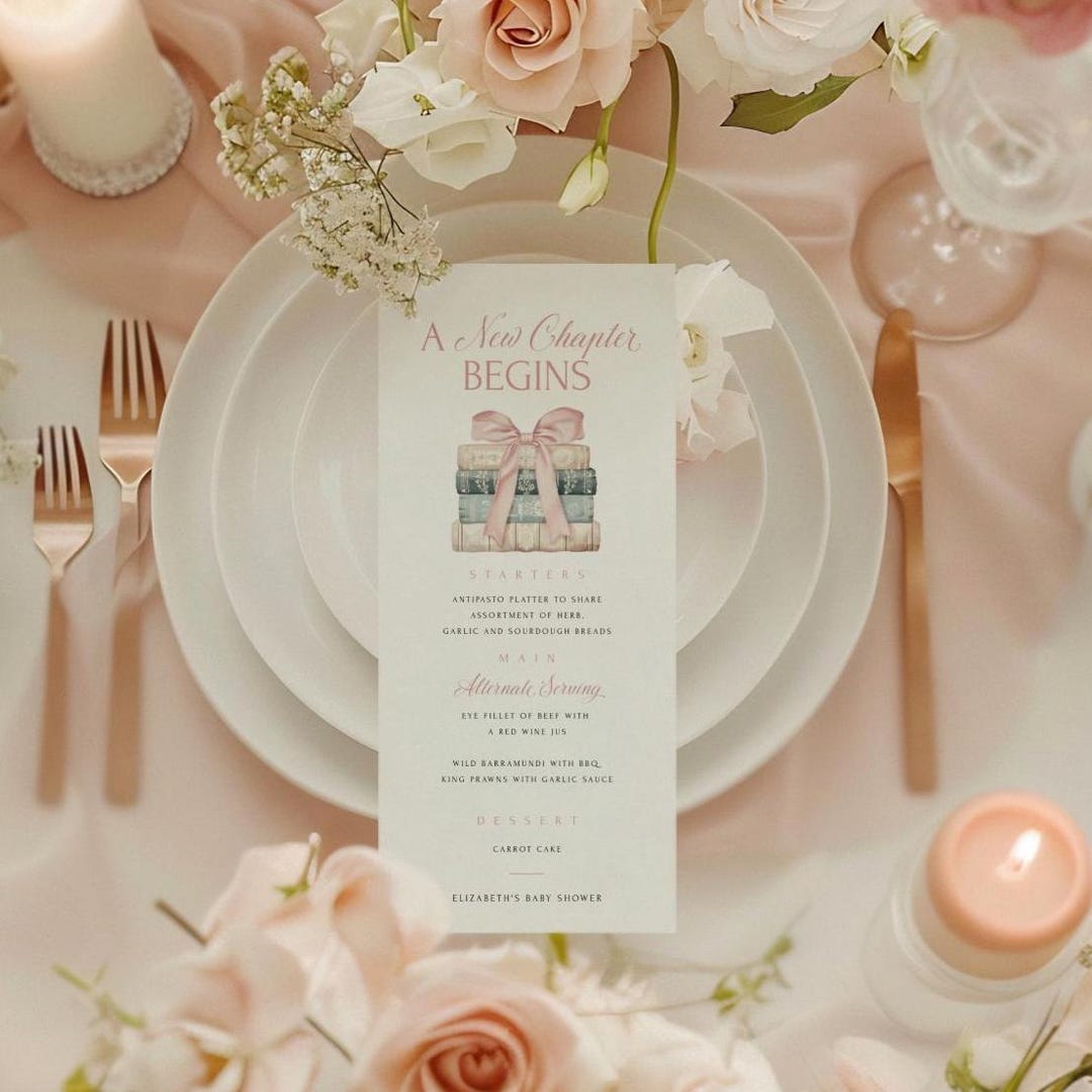 A New Chapter Pink Baby Shower Menu, Editable Baby Shower Shower Menu ...