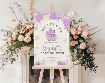 Fioletowy zimowy miś z napisem powitalnym na baby shower, szablon z płatkami śniegu „Możemy czekać” – 015