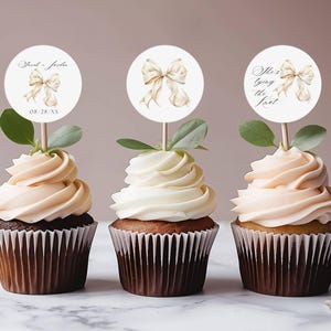 Tying The Knot Cupcake Topper, Tying The Knot Bridal Shower | Girl Party | Cream Bow Cupcake Toppers | Cream Bow Baby Shower, Canva Template