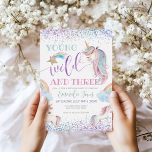 Young Wild and Three Unicorn 3rd Birthday Invitation - Digital Template - Templett -un3b