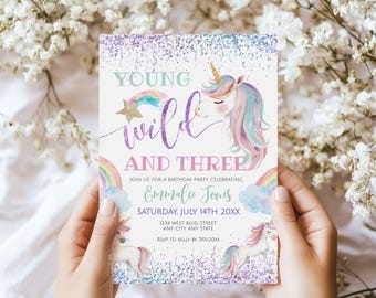 Young Wild and Three Unicorn 3rd Birthday Invitation - Digital Template - Templett -un3b