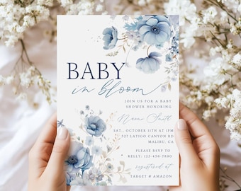 Invitación "Bebé en Flor" Azul, Baby Shower Floral Azul, Invitación "Bebé en Flor" para Baby Shower, Plantilla Editable, Minimalista, Templett - BIBBL