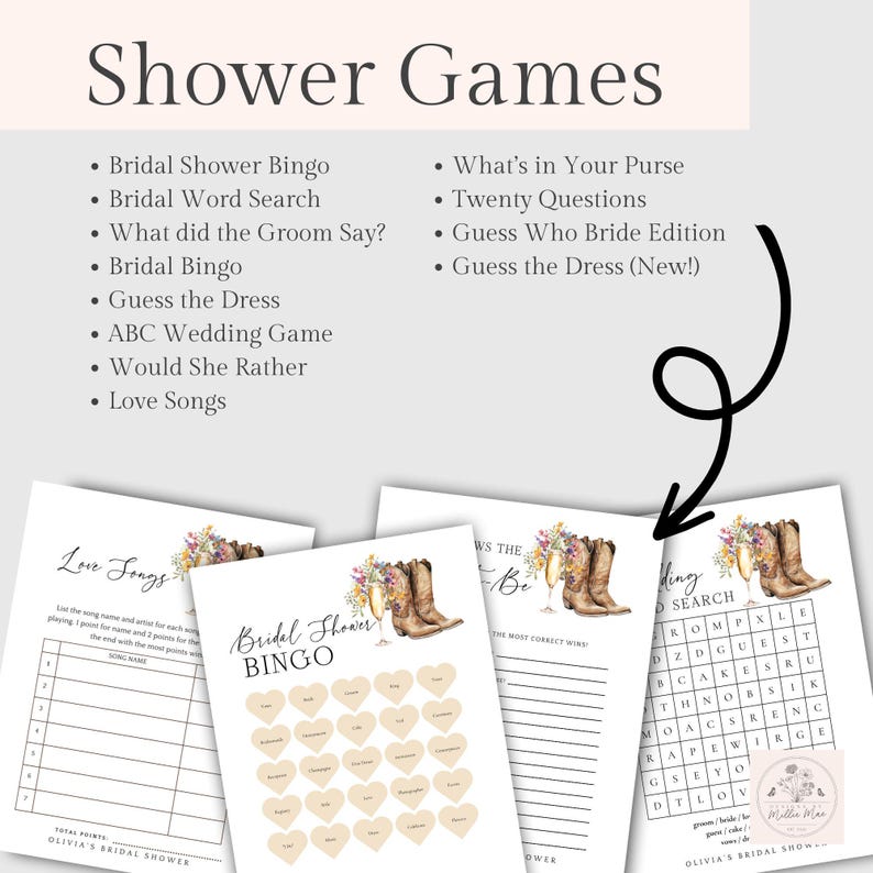 Paquete de juego para despedida de soltera con botas y burbujas, descarga instantánea, accesorio adicional para despedida de soltera con botas vaqueras, juego "Él dijo, ella dijo", flores silvestres imagen 2