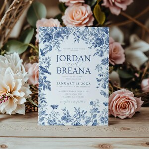 Blue Chinoiserie Wedding Invite - Personalize Your Invite - Printable Invitation - Templett -Dusty Blue Wedding Invitation - Toile - btchin