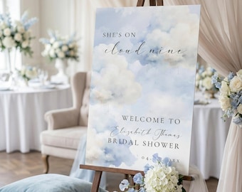 Cloud Nine Bridal Shower Sign, Digital Download, Dusty Blue Sky, Digital Template, The Bride Is On Cloud Nine, On Cloud 9 Sign, Canva