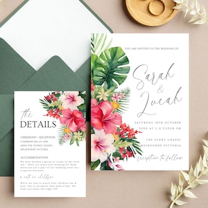 Tropisches Blumen-Hochzeitseinladungs-Set, bedruckbares Hochzeitseinladungs-Set | Sofortdownload | Tropisches Blumenmuster | Canva Template, DIY Hochzeitsdetail