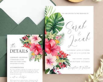 Tropical Floral Wedding Invitation Set,  Printable Wedding Invite | Instant Download | Tropical Floral | Canva Template, DIY Wedding Details