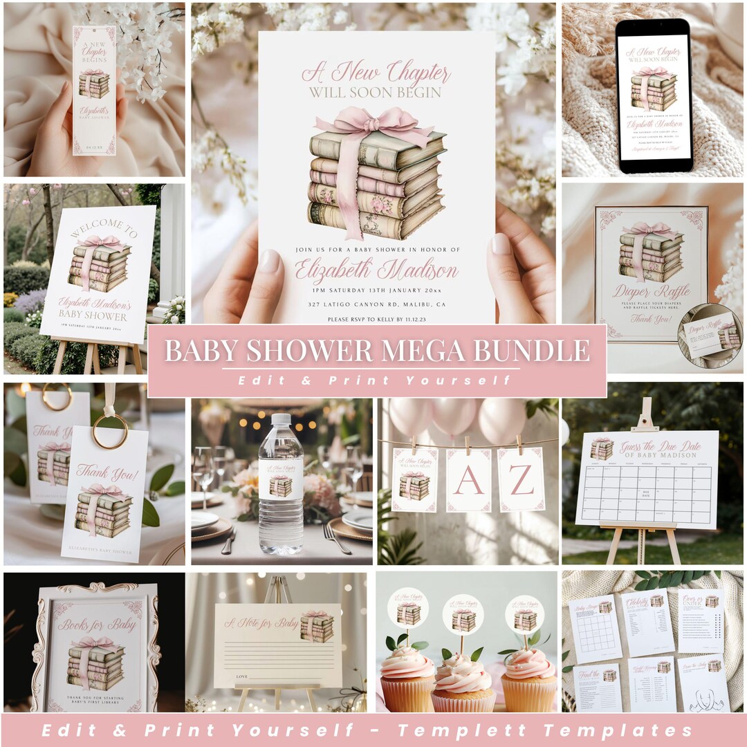 New Chapter Pink Baby Shower Bundle, Editable Games, Invitations, and ...