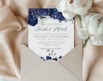 Navy Blue And Silver Wedding Invitations,  Floral Wedding Invitation , Navy Blue Wedding Invitation, Canva Template, Blue Wedding Invitation