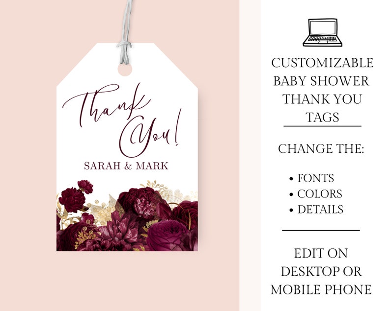 Printable Thank You Tag Editable Template Burgundy and Gold Wedding ...