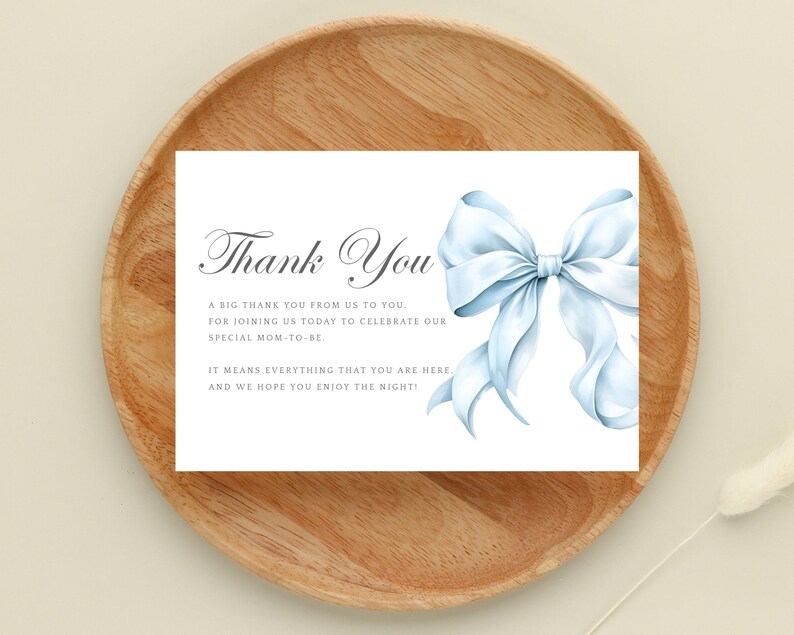 Blue Bow Thank You Card - Editable Blue Bow Baby Shower Thank You Card ...