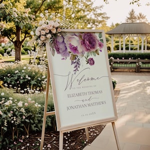 Wedding Welcome Sign In Purple, Welcome to the Wedding Sign Purple Floral, Instant Download, Editable Wedding Welcome Sign | Templett- dpfw