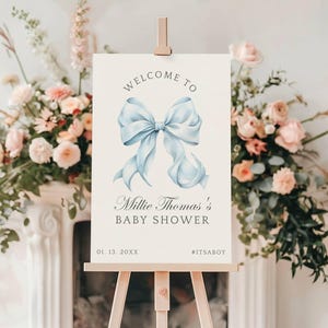 Blue Bow Baby Shower Welcome Sign - Coquette Bow Welcome Sign Template - Goy Baby Shower Poster - Instant Download - Templett - bbbs1