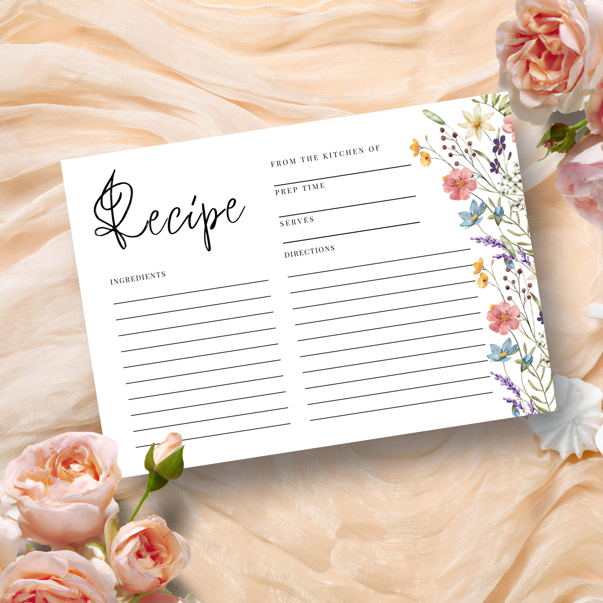 Bridal Shower Recipe Cards, Printable Recipe Card, Wildflower Bridal