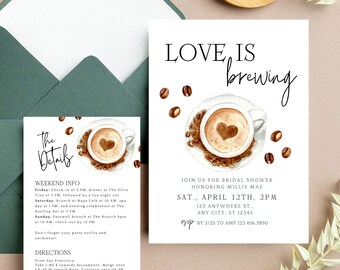 Love Is Brewing Bridal Shower Inviti e dettagli Card / Invito per brunch nuziale / Love Is Brewing Bridal Shower Invito / Modificabile