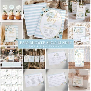 Blue Pumpkin Baby Shower Bundle, Autumn Baby Shower Invitation And Editable Games, Floral Pumpkin Baby Shower Decorations, Oh Baby, Canva