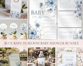 Blue Baby In Bloom Baby Shower Bundle Template , Blue Floral Baby Shower, Spring Baby Shower, Editable Template, Templett - BIBBL