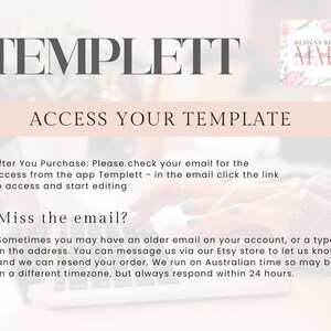 K&ouml;nnte beinhalten: Ein digitales Vorlagendesign mit dem Wort "TEMPLETT" in gro&szlig;en, dunkelgrauen Buchstaben. Darunter steht der Text "ZUGRIFF AUF IHRE VORLAGE". Zus&auml;tzlicher Text enth&auml;lt Anweisungen zum Zugriff auf die Vorlage nach dem Kauf. Ein Blumenlogo befindet sich in der oberen rechten Ecke.