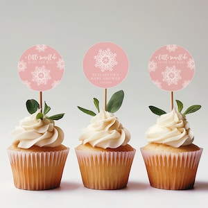 Baby It&#39;s Cold Outside Cupcake Picks | Girl Baby Shower, Pink Snowflake Editable Cupcake Toppers, Christmas Baby, Minimalist Winter Shower