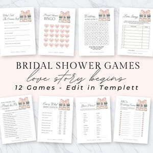 Puede incluir: Doce juegos de despedida de soltera imprimibles con un esquema de color rosa y verde. Los juegos incluyen "What Did The Groom Say", "Bridal Shower Bingo", "Wedding Word Search", "Love Songs", "Who Knows The Bride To Be The Best", "Guess What Bride Edition", "What's In Your Purse", y "ABC's Wedding Game".