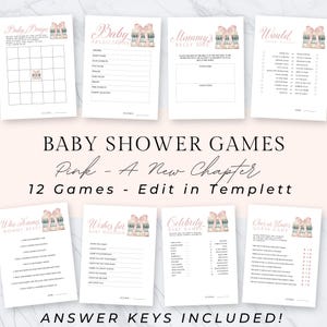 A New Chapter Begins Pink Baby Shower Games,  12 Printable Shower Games, Book Baby Shower Theme, Printable PDF, Instant Download, Templett