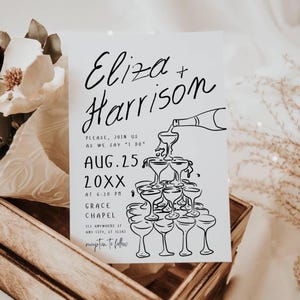 Wedding Champagne Tower Invite | French Theme | Save The Date Template | Wedding Invitations, Canva Template, Champagne Glass, Hand Drawn