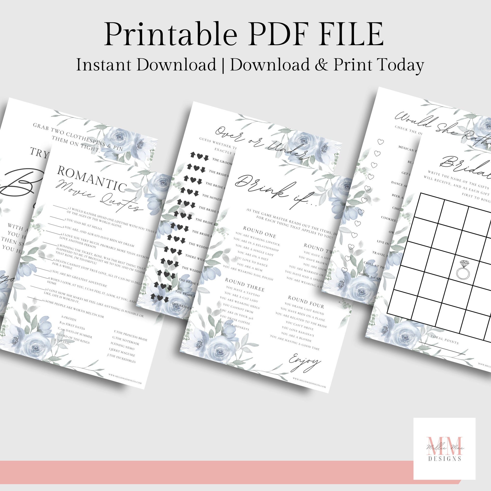 Bridal Shower Game Pack, Printable Bridal Shower Games, Pink Umbrella ...