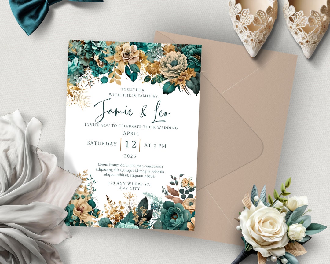 Teal &amp; Gold Wedding Invitations Edit in Canva, Teal and Gold Wedding ...