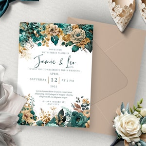 Teal &amp; Gold Wedding Invitations Edit in Canva, Teal and Gold Wedding ...