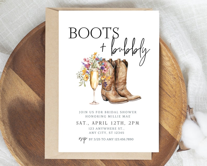 boots and bubbly wildflower bridal shower invitation, boho, western, cowboy