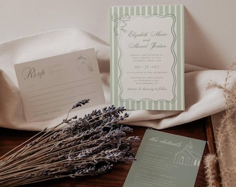 Invitación de boda con rayas verdes, editable en Templett, plantilla de invitación de boda verde retro vintage, personalizable, invitación con lazo verde salvia