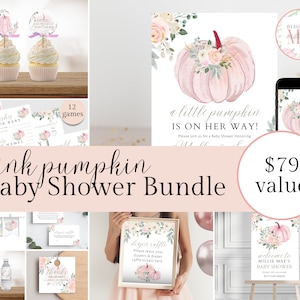Rosa Kürbis-Babyparty-Bundle, bearbeitbares Blumenkürbis-Set, Babypartydekoration, Babyparty-Einladungs-Bundle, kleiner Kürbis PP2