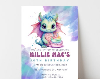 Invitación de cumpleaños del dragón editable, invitación mágica del dragón / invitación del dragón / plantillas imprimibles / fiesta de cumpleaños del dragón / fiesta de la niña