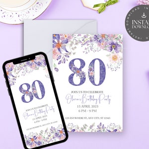 Downloadable 80th Birthday Invitation Template, Surprise 80Th Birthday Invitations, Purple Flower Invitation, Digital Evite , Edit in Canva