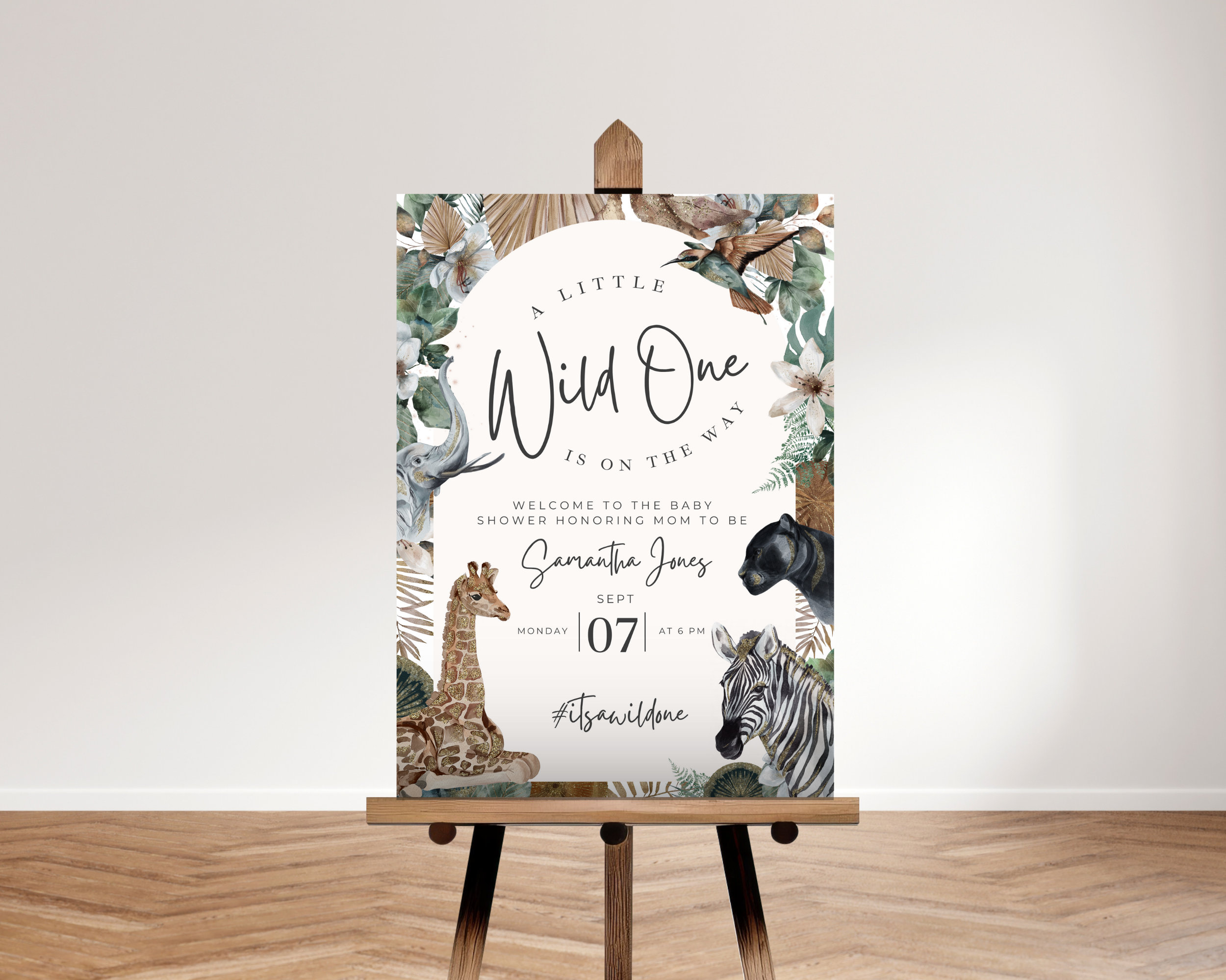 Modello per cartello di benvenuto per baby shower WILDER Safari, cartello di benvenuto stampabile per baby shower Jungle Baby Shower, cartello fai da te per baby shower Wild One On The Way