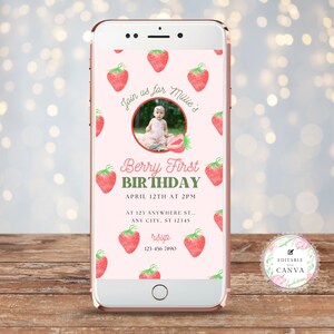Beere Erster Geburtstag Evite Mit Foto | Erdbeer Geburtstagseinladung, Beere Erster Geburtstag Fotoeinladung | Moderne Erdbeer-Einladung, One